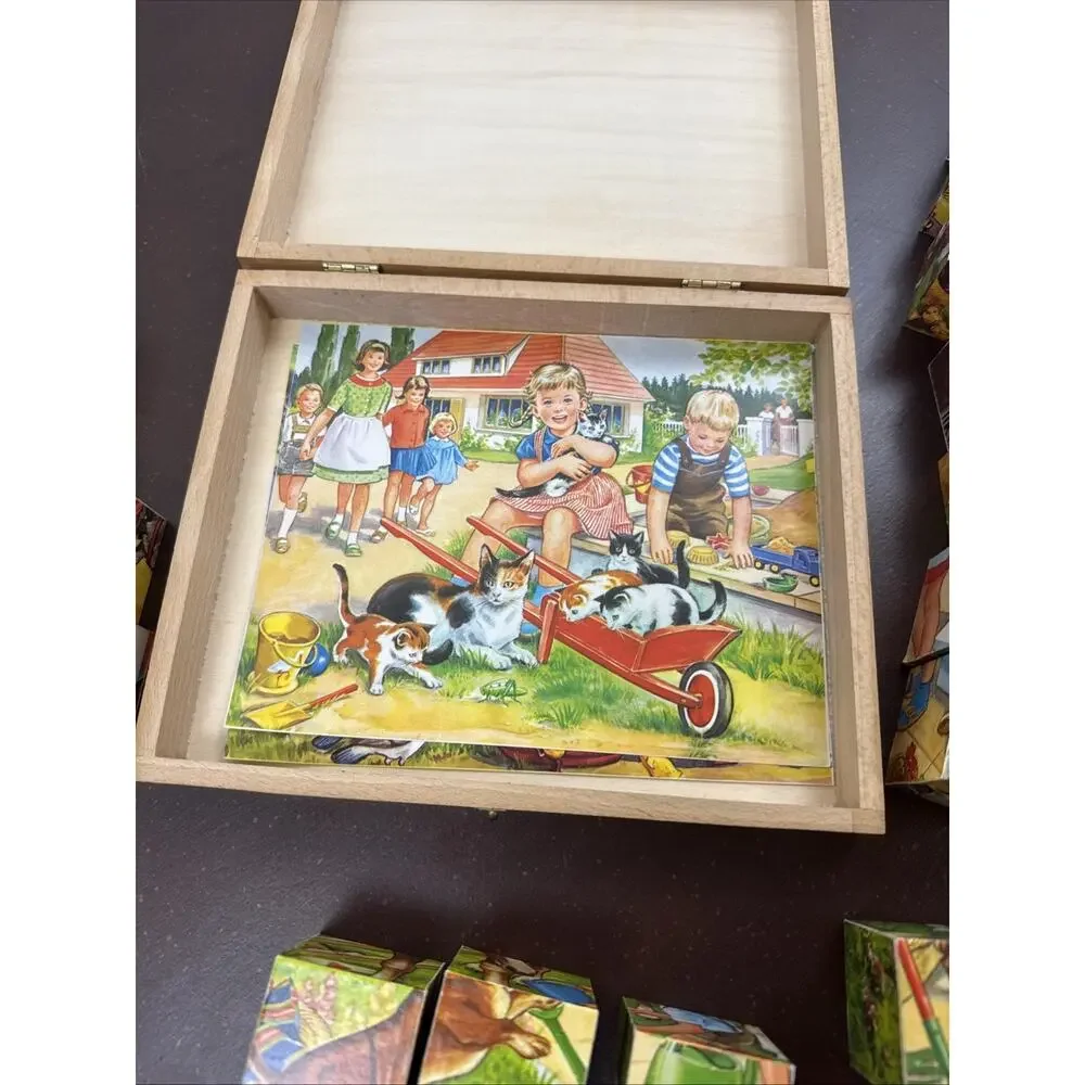 Vintage Bilderbaukasten Holzwurfel German Picture Cubes Wood Puzzle Blocks